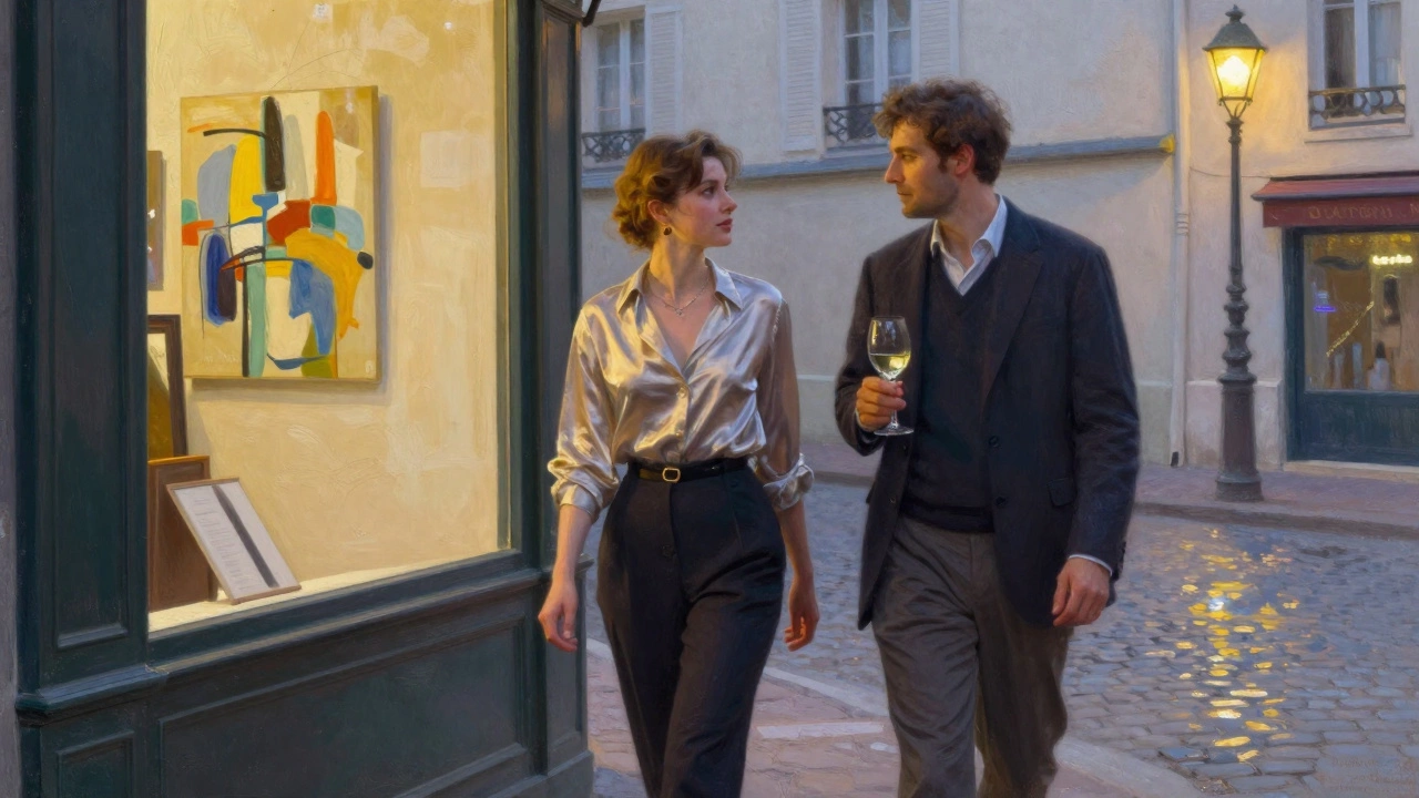 A well-dressed couple walks through Montmartre at dusk, heading to a gallery opening under golden streetlamps.