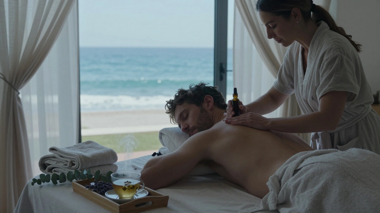 A woman gives a gentle massage in a quiet villa, linen drapes and tea nearby, conveying calm and trust.