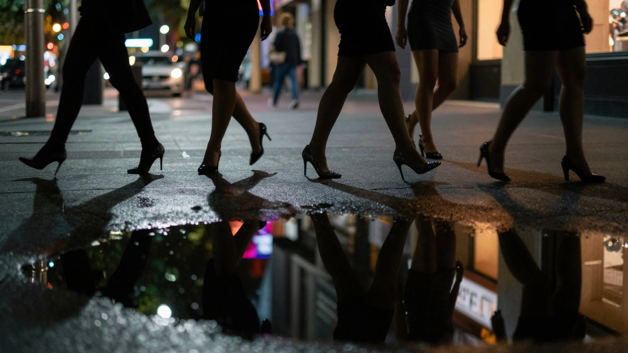 Silhouettes of women in heels walking at night, their reflections in puddles showing inner strength.